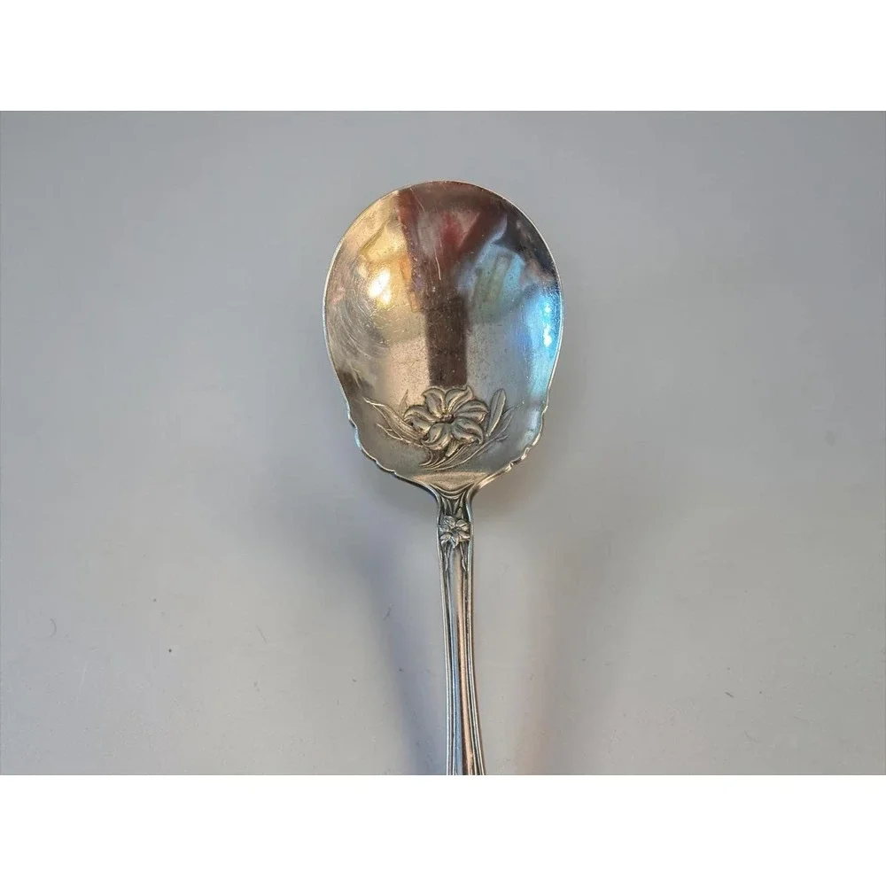 Vintage Art Nouveau Silver Plate Sugar Spoon Floral Lily Scalloped Bowl Serving